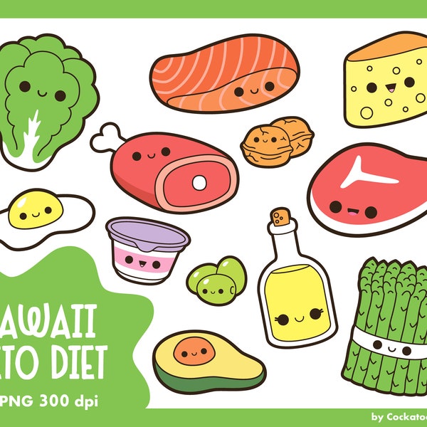 Kawaii food clipart, keto diet clipart, kawaii clipart, meat clipart, healthy food clipart, asparagus clipart, kawaii vegetables clipart