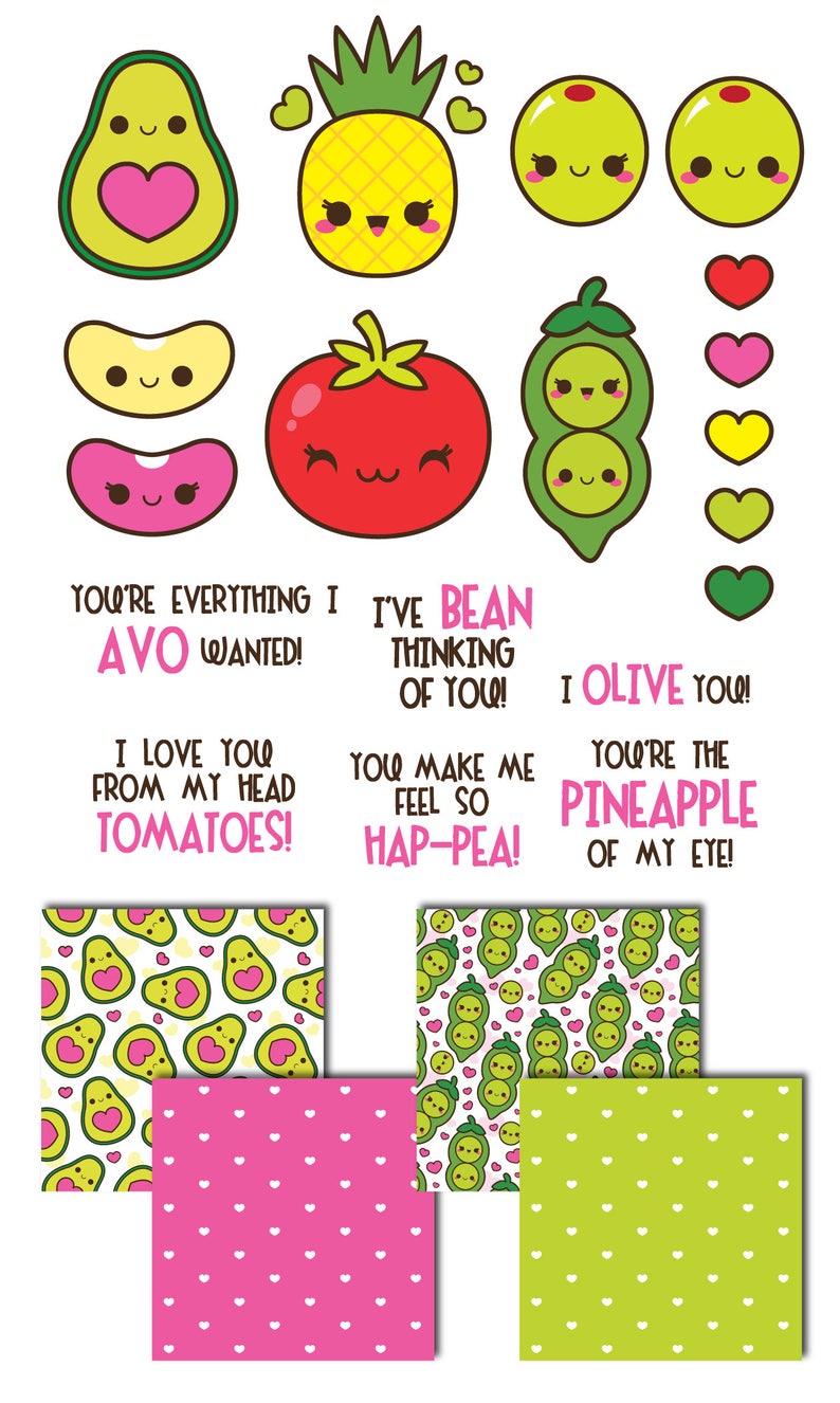 Valentine clipart, kawaii Valentine clipart, Valentine digital papers, vegetarian clip art, kawaii avocado clipart, beans, love clipart, image 2