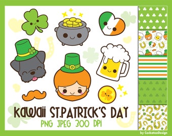 St.Patricks Day clipart, Saint Patricks Day clip art, kawaii leprechaun clipart, St. Patricks Day digital papers, shamrock clip art