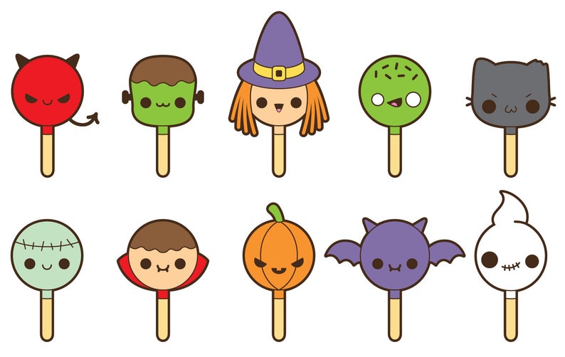 May include: Ten different Halloween-themed lollipops with cute faces. The lollipops are on sticks and include a ghost, a witch, a vampire, a pumpkin, a monster, a devil, a bat, a cat, and two green lollipops.