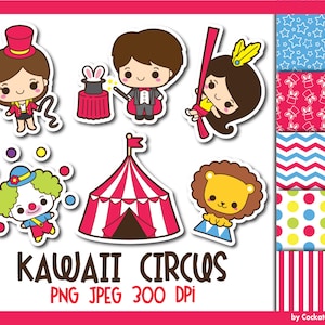 Kawaii circus illustraties, kawaii circus clipart, kawaii clown clipart, meisje tamer clipart, circus dieren-illustraties, goochelaar clipart