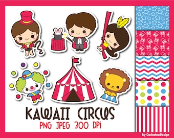 Kawaii circus clip art, kawaii circus clipart, kawaii clown clipart, girl tamer clipart, circus animals clip art, magician clipart