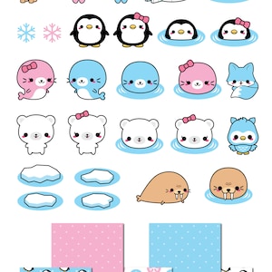 May include: A set of digital clipart featuring cute cartoon animals, including penguins, seals, polar bears, and a walrus. The clipart is perfect for creating winter-themed crafts, cards, and other projects. The set includes a variety of patterns, including snowflakes, polka dots, and penguins.