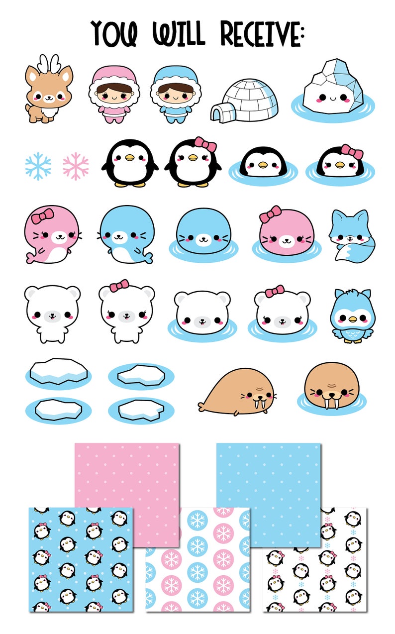 May include: A set of digital clipart featuring cute cartoon animals, including penguins, seals, polar bears, and a walrus. The clipart is perfect for creating winter-themed crafts, cards, and other projects. The set includes a variety of patterns, including snowflakes, polka dots, and penguins.
