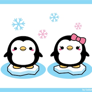 May include: Two cartoon penguins, one with a pink bow, standing on ice floes with snowflakes in the background.
