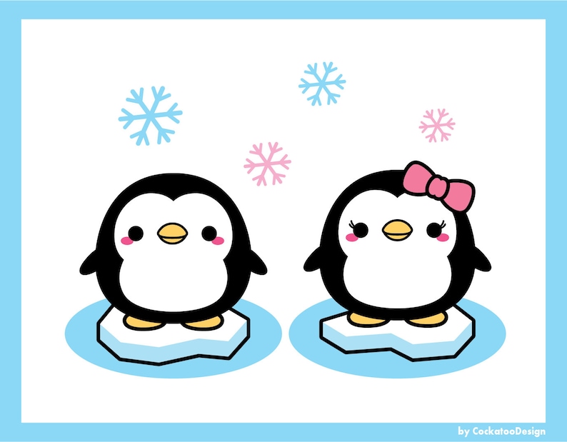 May include: Two cartoon penguins, one with a pink bow, standing on ice floes with snowflakes in the background.