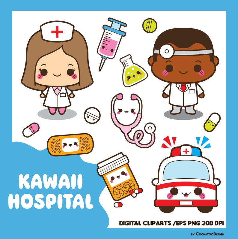 Puede incluir: Conjunto de clipart digital Kawaii Hospital con una enfermera, un m&eacute;dico, una ambulancia, un estetoscopio, un frasco de pastillas, una venda y otros suministros m&eacute;dicos. El clipart est&aacute; en un estilo de dibujos animados con caras lindas y colores brillantes.
