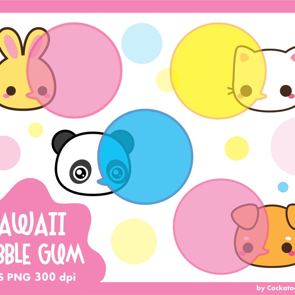 Bubble gum clipart, kawaii animals clipart, cute animals clip art, kawaii bunny clipart, cute panda clipart, kawaii cat clip art, cute dog