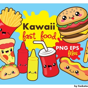 Kawaii clipart, kawaii fast food clipart, kawaii food clipart, kawaii pizza clipart, kawaii burger clipart, commercial use