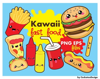 Kawaii clipart, kawaii fast food clipart, kawaii food clipart, kawaii pizza clipart, kawaii burger clipart, commercial use