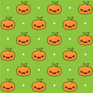 May include: A seamless pattern featuring orange pumpkins with cute faces on a green background with white dots.