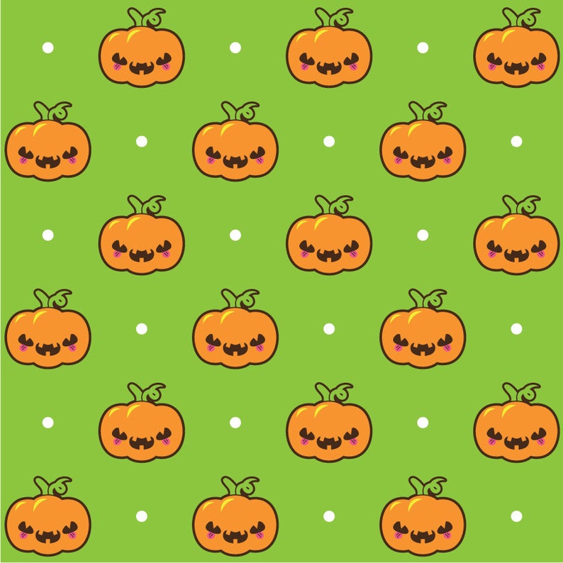 May include: A seamless pattern featuring orange pumpkins with cute faces on a green background with white dots.