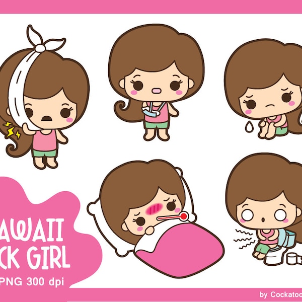 Kawaii girl clip art, cute girl clipart, sick girl clipart, ,ill girl clipart, toothache clipart, flu clipart, fracture clip art, depression