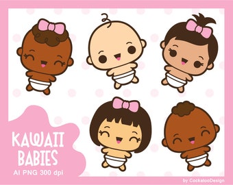 Kawaii clipart, kawaii baby clipart, cute baby clipart, baby girl clipart, baby boy clipart, infant clipart, asian baby clipart, dark skin