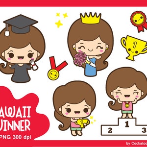 Kawaii girl clip art, graduation clipart, cute girl clipart, champion girl clipart, winner girl clipart, beauty queen, kawaii award clipart