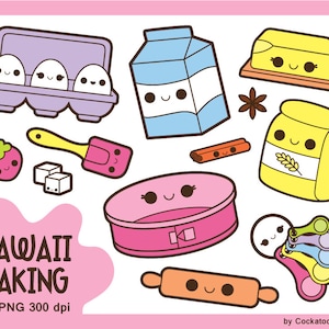 Kawaii preclino de hornear, imágenes prediseñadas de cocina kawaii, kawaii groceries clip art, kawaii food clipart, kawaii kitchen clip art, herramientas de hornear clipart