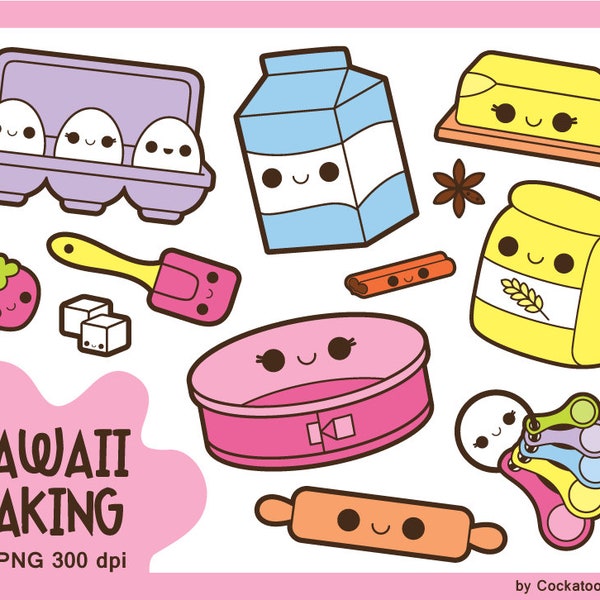 Kawaii baking clipart, kawaii cooking clipart, kawaii groceries clip art, kawaii food clipart, kawaii kitchen clip art, baking tools clipart