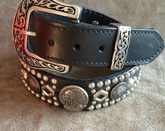 Leather Belt with Indian Head and Buffalo Conchos, Buffalo Concho Leather Belt, Indian Head Concho Leather Belt, Buffalo and Indian Belt