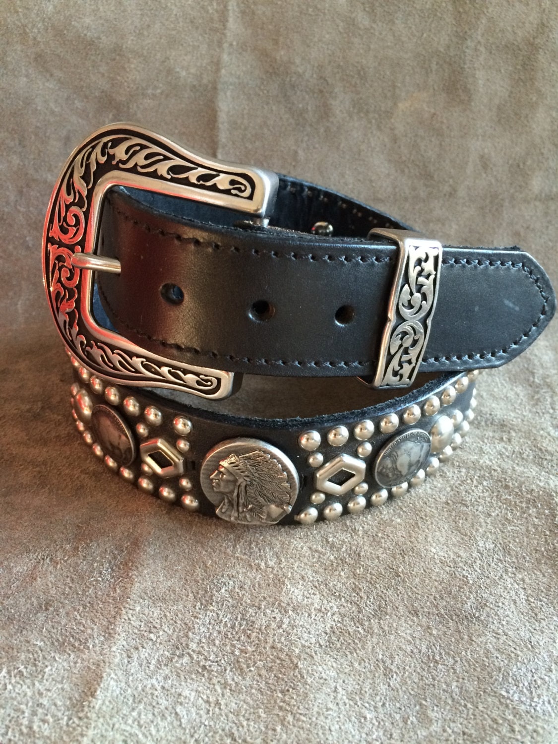 Leather Belt with Indian Head and Buffalo Conchos, Buffalo Concho Leather Belt, Indian Head Concho Leather Belt, Buffalo and Indian Belt