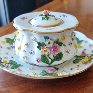 large MEISSEN flower encrusted inkwell and stand mid to late 1880&#39;s