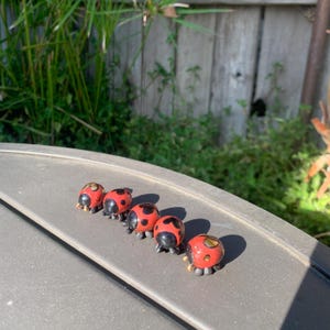May include: Five small, red ladybug figurines with black spots and legs are arranged in a row. The ladybirds have a glossy finish and are set on a grey surface, with a natural background of greenery and wood.