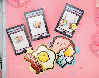 Breakfast Bundle Gift Set- Toast and Eggs Bundle- Earrings, Pins and Stickers