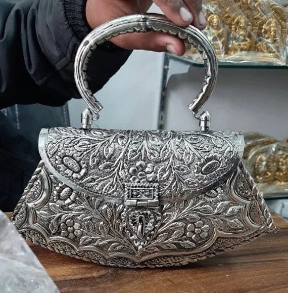 Indian pure handcrafted Antique silver Metal Clutch bag Party Sling handbag