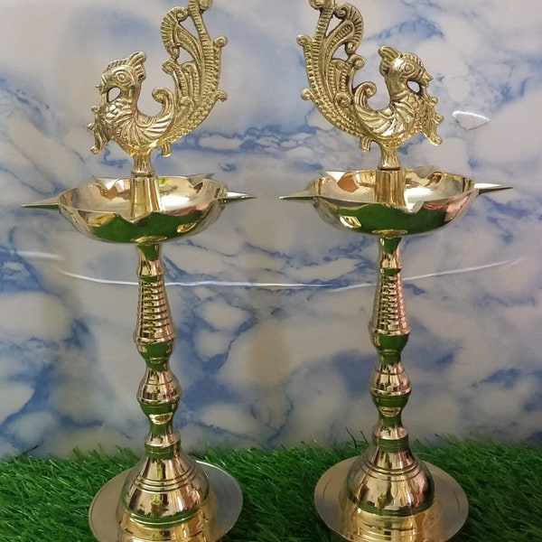 Kuthu Vilakku,annapakshi,Brass diya Stand,brass oil lamp,Long Brass diya stand,Traditional diya(18-24-30-36"Diya for Pooja,Peacock vilakku