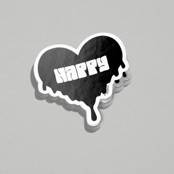 Happy Black Acid Heart Sticker | Anti-Valentine Emo Decal | Cynical Heart Sticker | Melting Heart | Black Heart Sticker | Happy Black Heart