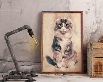 Gray Norwegian Forest Cat Portrait on Canvas Norwegian Forest Kitten Abstract Print Watercolor Cat Painting Customized Pet Portrait Print