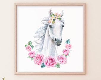 White Horse Flower Wreath Watercolor Canvas Print Girl's Bedroom Art
