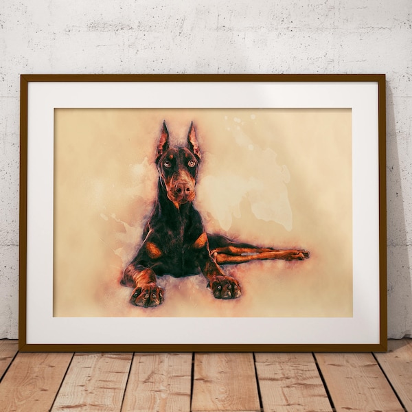 Doberman Art Print Portrait Watercolor Painting of Doberman Pastel Dog Art on Canvas Dog Giclee Print Doberman art