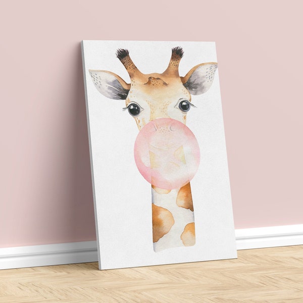 Giraffe Bubble Gum Watercolor Canvas Print Girl's Bedroom Wall Art