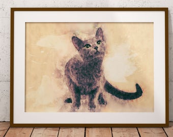 Russian Blue Kitten Art Print on Canvas Custom Pet Portrait Customized Pet Painting Watercolor Cat Art Abstract Blue Cat Print Abstract Art