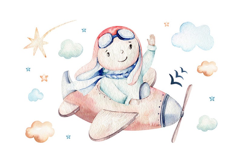 Bunny Pilot Watercolor Canvas Print Gender Neutral Nursery