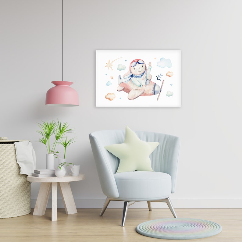 Bunny Pilot Watercolor Canvas Print Gender Neutral Nursery