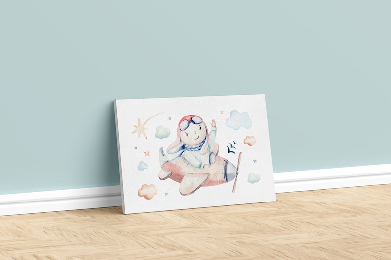 Bunny Pilot Watercolor Canvas Print Gender Neutral Nursery