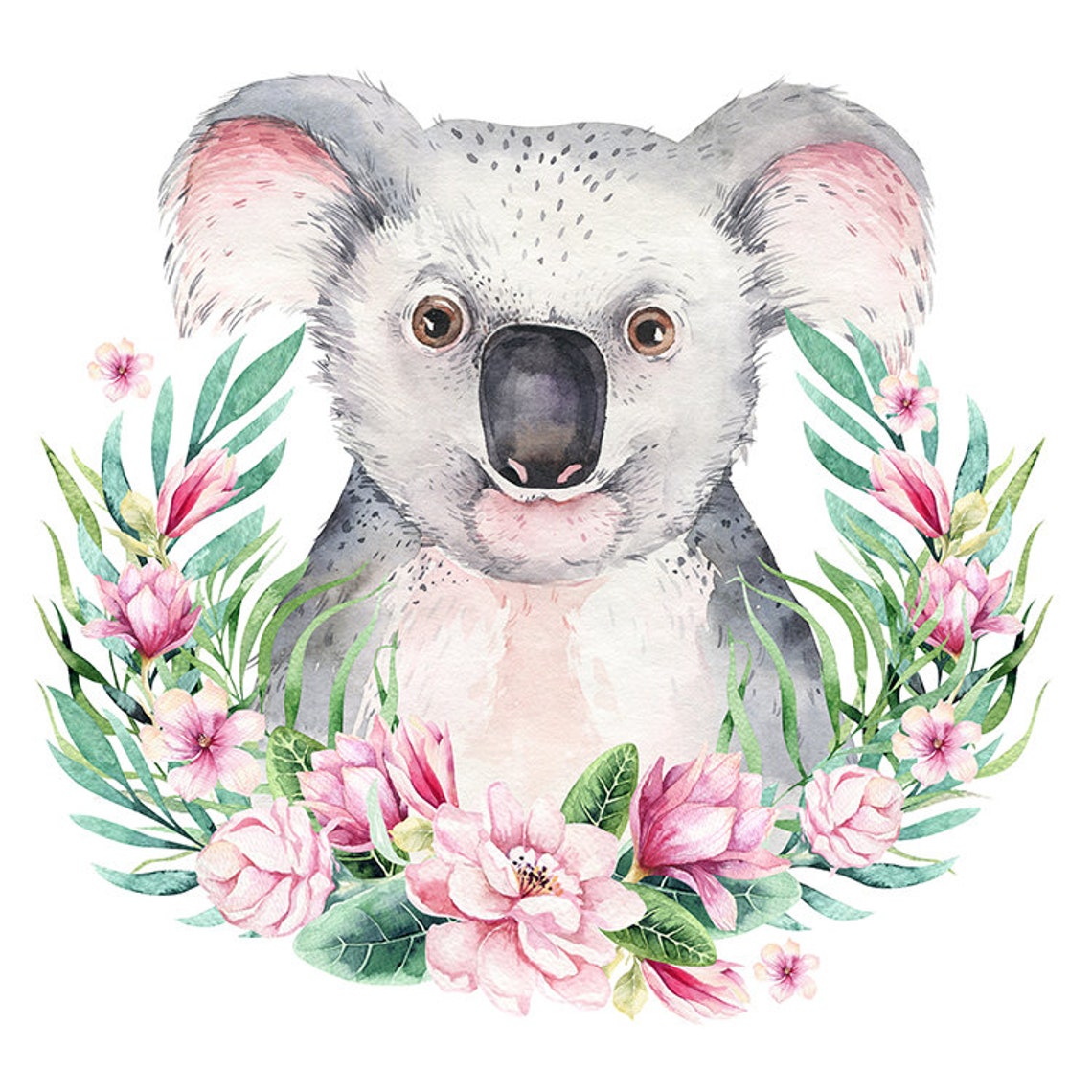 Koala Bear Flower Wreath Wall Art Print Watercolor Pink Etsy