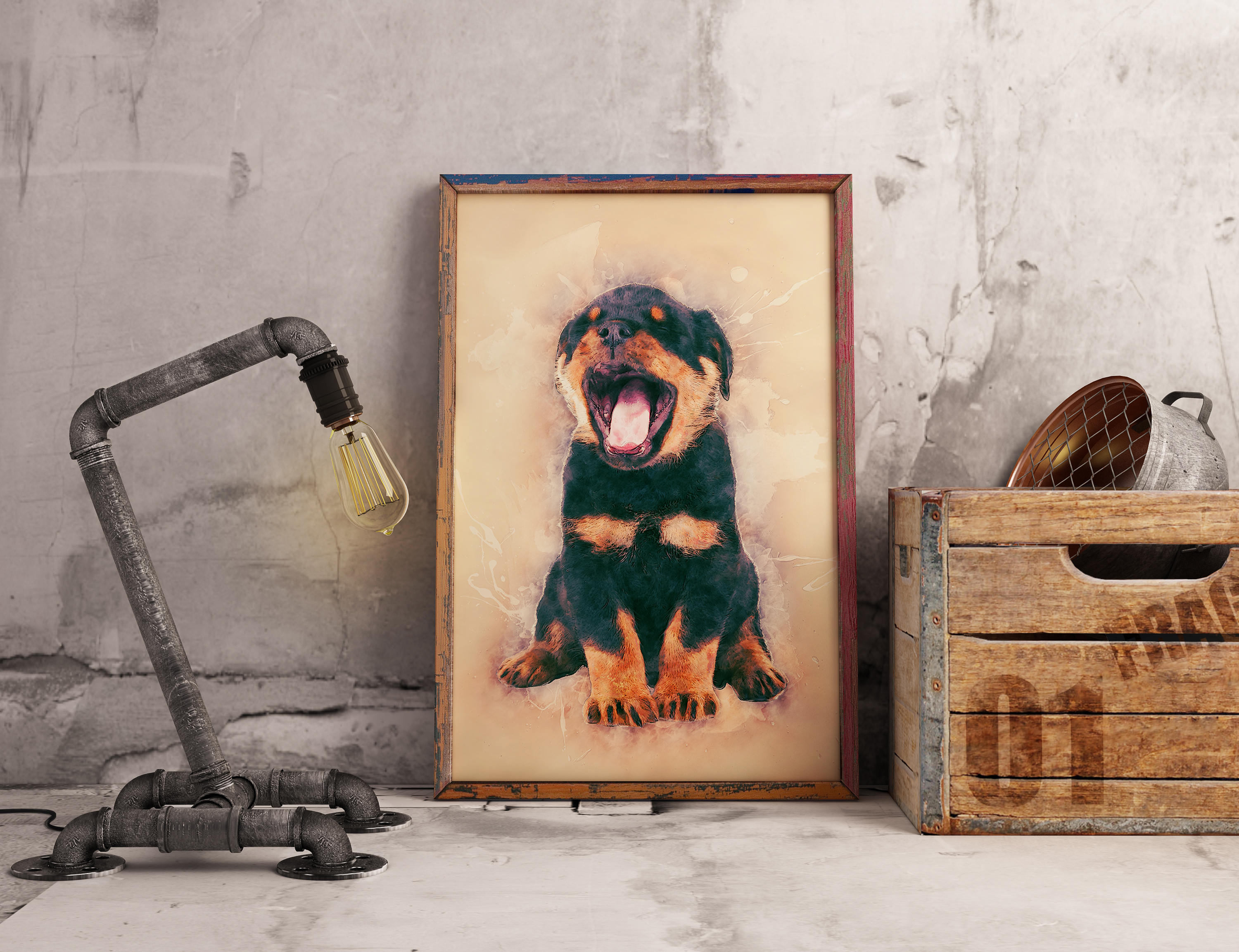 Baby Rottweiler Yawning Painting Rottweiler Puppy Painting Etsy