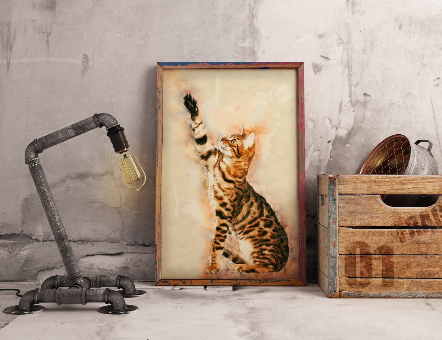 Bengal Cat Art Playful Cat Poster Leo Cat Painting Spotted Kitten Picture Modern art with a spotted cat Watercolor painting of Bengal cat
