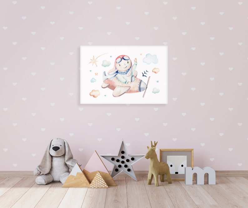 Bunny Pilot Watercolor Canvas Print Gender Neutral Nursery
