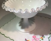Vintage Fenton Silver Crest White Milk Glass Ruffled Pedestal Compote Candy Dish