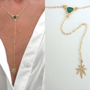 Green Onyx Cannabis Leaf Y Necklace – Gold Vermeil, Sterling Silver image 2