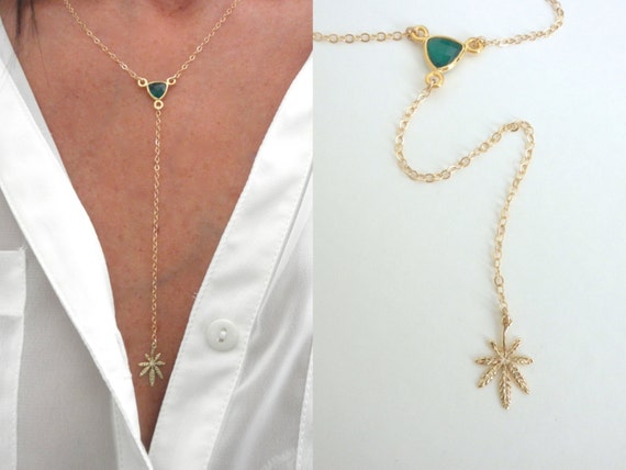 Marijuana Y necklace with green onyx - marijuana lariat  -  leaf Y necklace - weed necklace - gold-rose gold- silver - oxidized