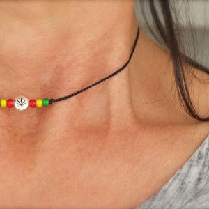 Rasta Choker – Sterling Silver Cannabis Charm, Whiteheart Beads