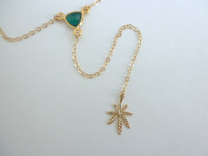 Green Onyx Cannabis Leaf Y Necklace – Gold Vermeil, Sterling Silver image 3