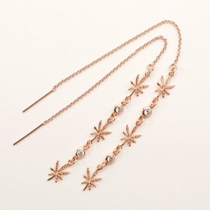 May include: A pair of rose gold dangle earrings with a chain and multiple small clear crystal stones and leaf-shaped charms.