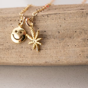 Smiley cannabis necklace  - tiny marijuana leaf necklace - 420 necklace - leaf necklace- weed necklace - gold-rose gold- silver -