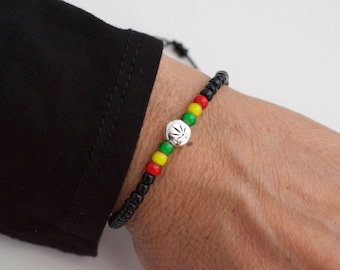 Rasta Beaded Bracelet - Sterling Silver Charm, Adjustable
