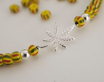 Sterling Silver Marijuana Leaf Bracelet - Rasta Glass Beads, Adjustable